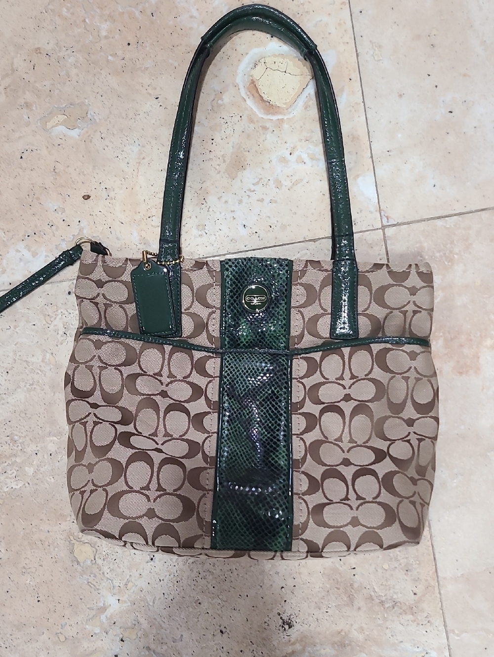 Coach Brown Signature Tote with Dark Green Patent Accents